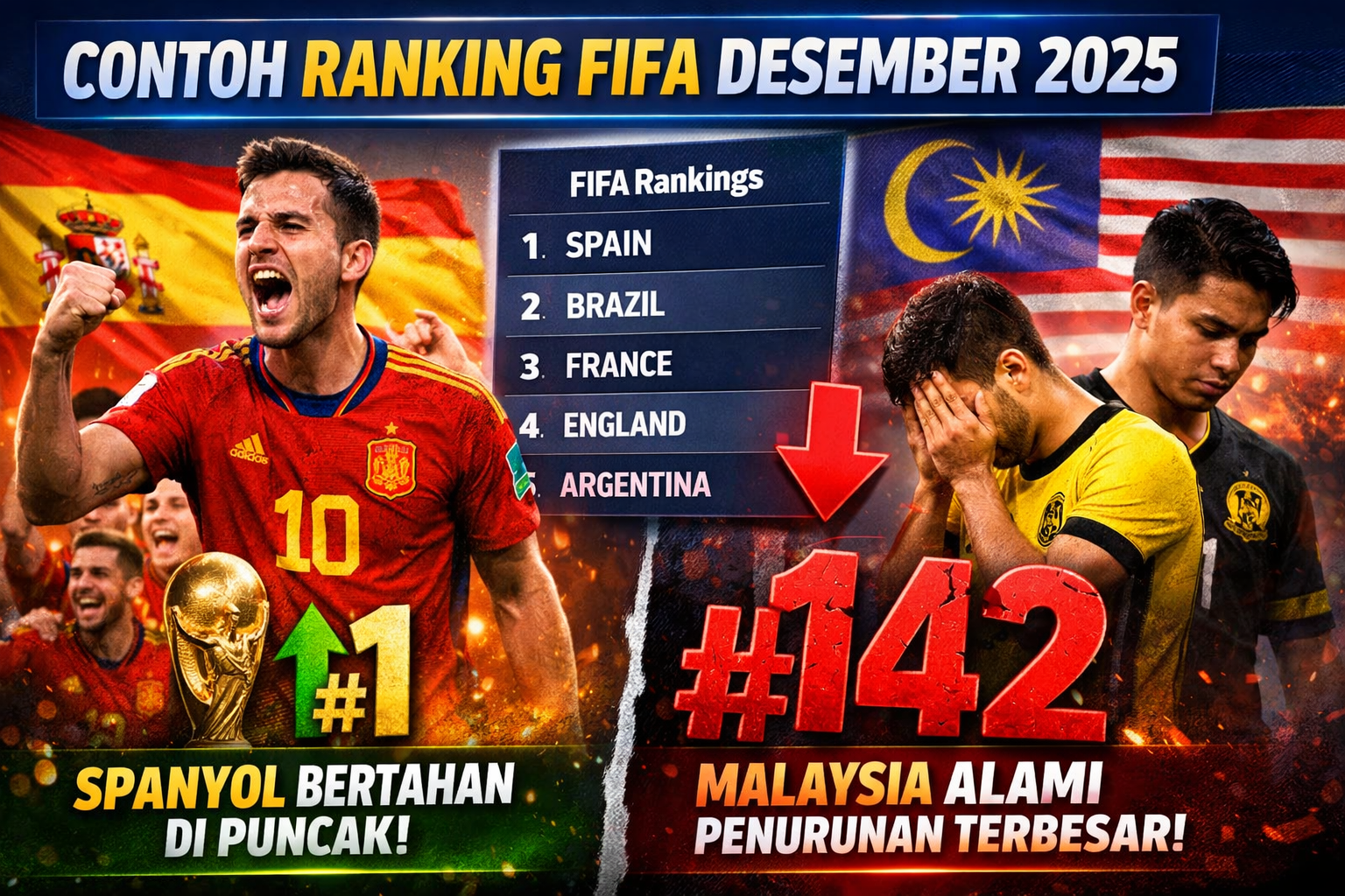Ranking FIFA Desember 2025: Spanyol Bertahan di Puncak, Malaysia Alami Penurunan Terbesar