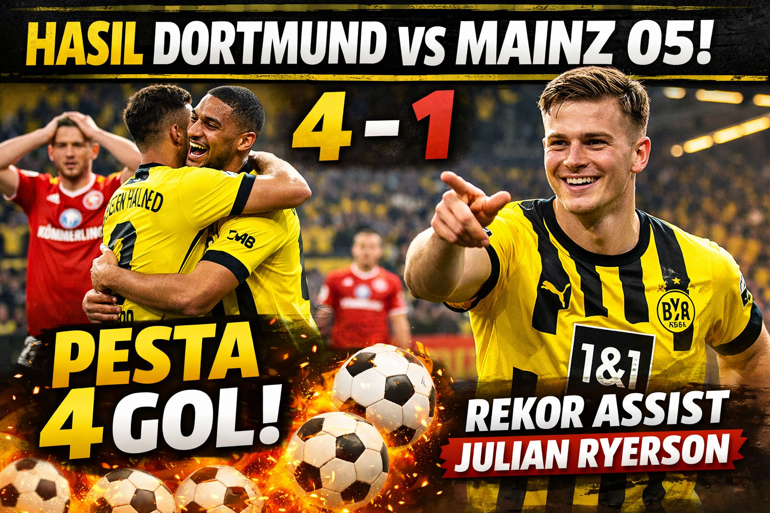 Hasil Dortmund vs Mainz 05: Pesta 4 Gol dan Rekor Assist Julian Ryerson