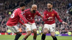 Selebrasi trio Manchester United, Amad Diallo, Bryan Mbeumo, dan Matheus Cunha dalam laga versus Fulham di Premier League