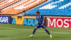 Pemain sepak bola mengenakan seragam biru merayakan gol di lapangan yang cerah
