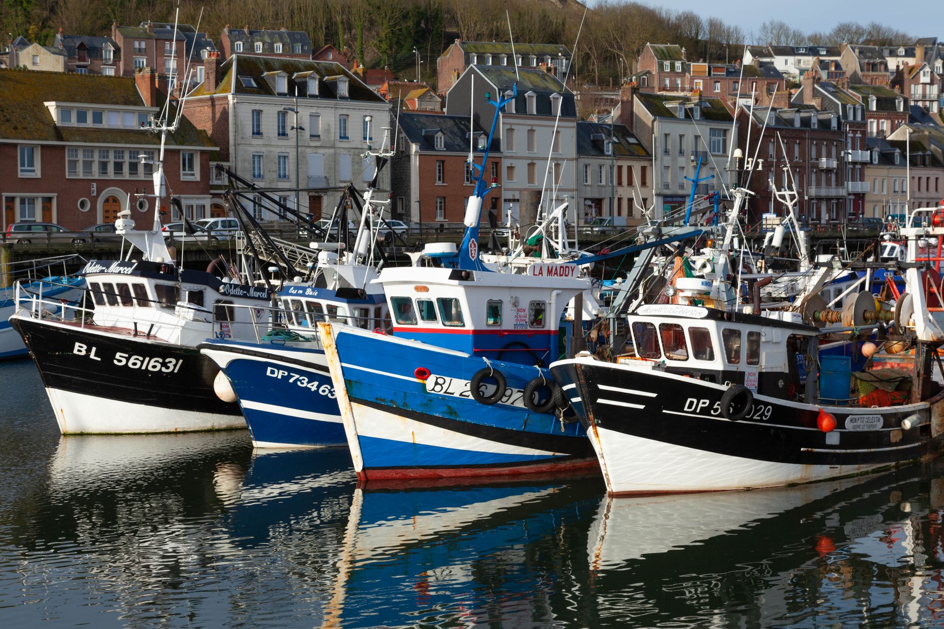 Perahu penangkap ikan yang berwarna-warni berlabuh di pelabuhan bersejarah Le Tréport, Normandie, Prancis.